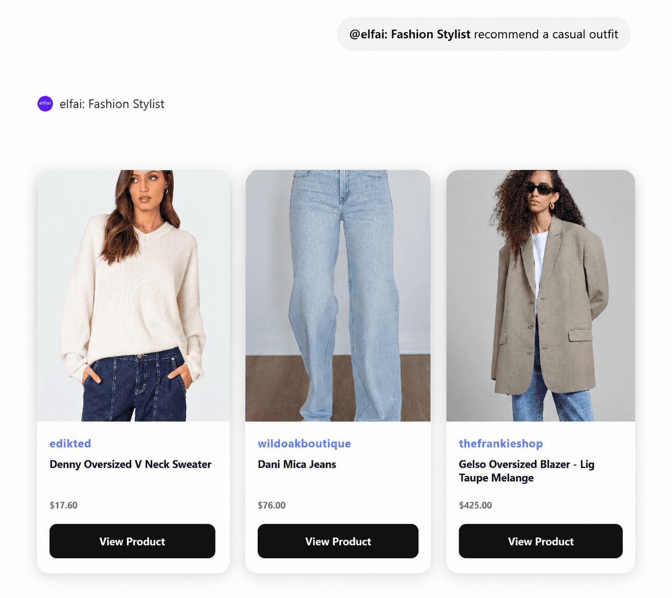 Fashion Stylist GPT in the ChatGPT ecosystem — a styling prompt answered with product cards and 'View Product' links.