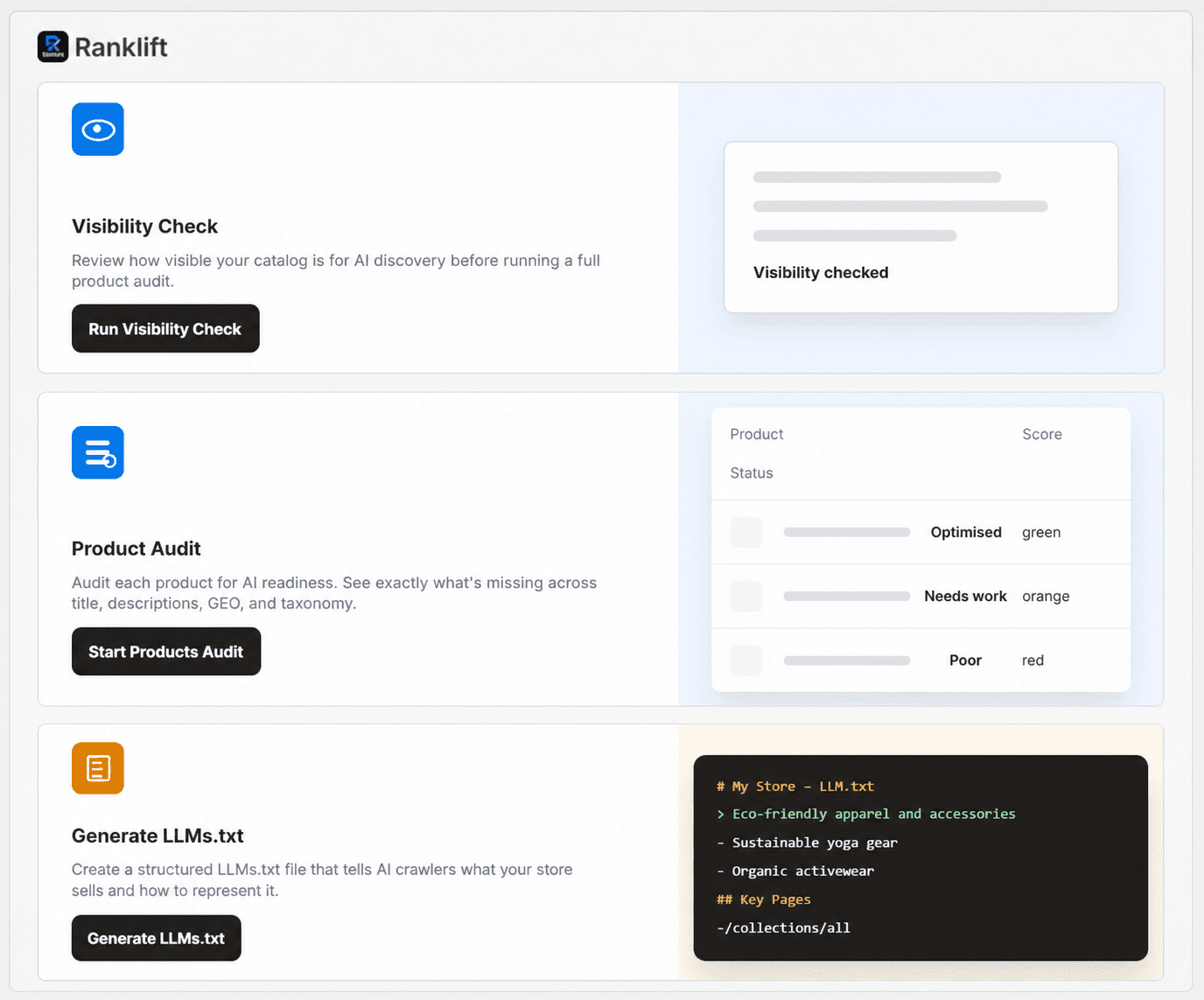 Ranklift app dashboard — Visibility Check, Product Audit, and Generate LLMs.txt for AI-search optimization.
