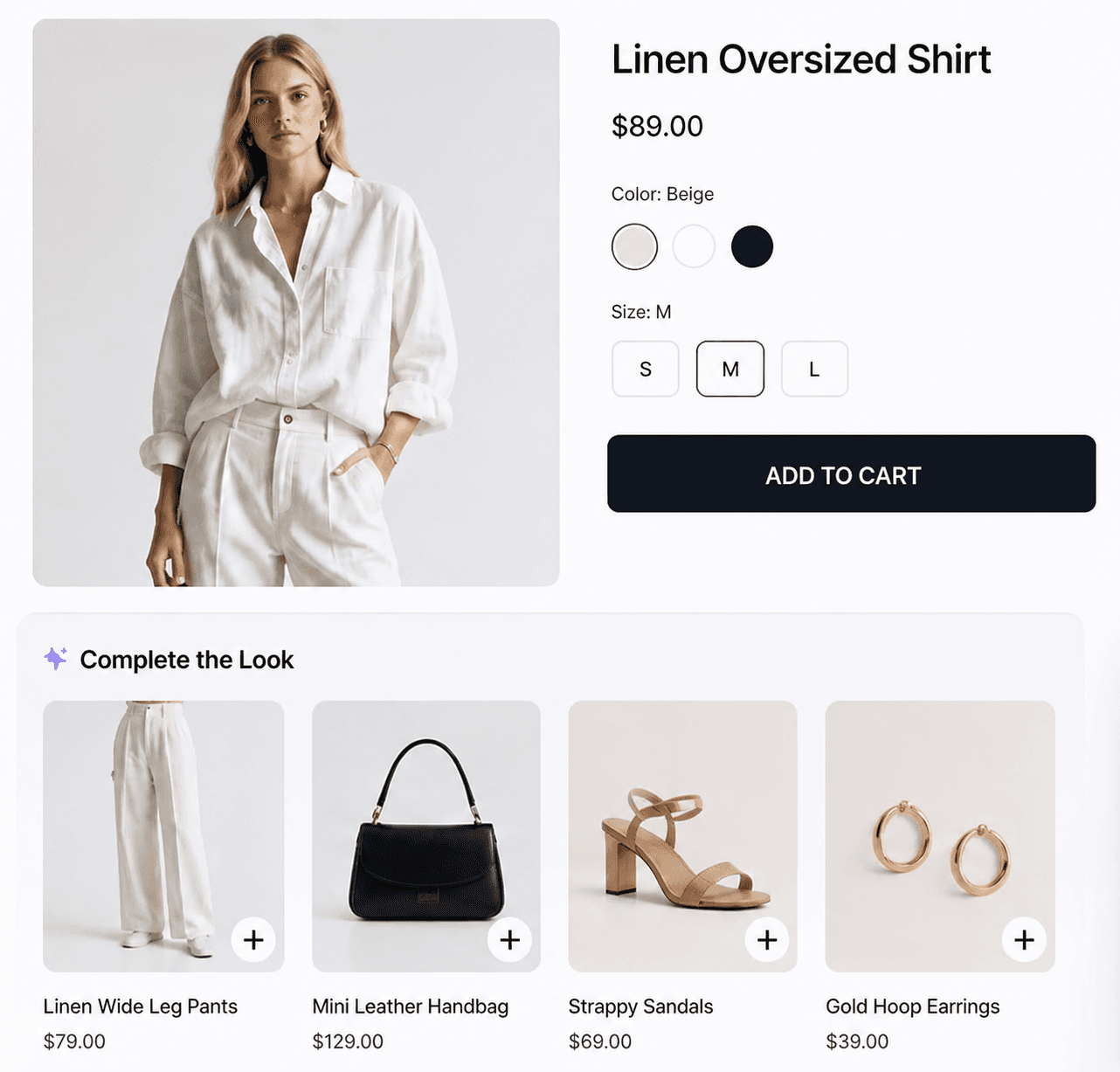 elfai: AI Stylist live in a Shopify storefront — a product page with a 'Complete the Look' row of AI-recommended items.