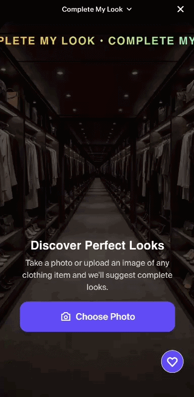 Complete My Look Shop Mini — a 'Discover Perfect Looks' screen inviting shoppers to photograph or upload a clothing item for complete-look suggestions.